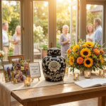 Black floral ceramic urn featuring a lotus design in a celebration of life setting.