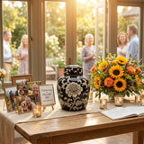 Black floral ceramic urn featuring a lotus design in a celebration of life setting.