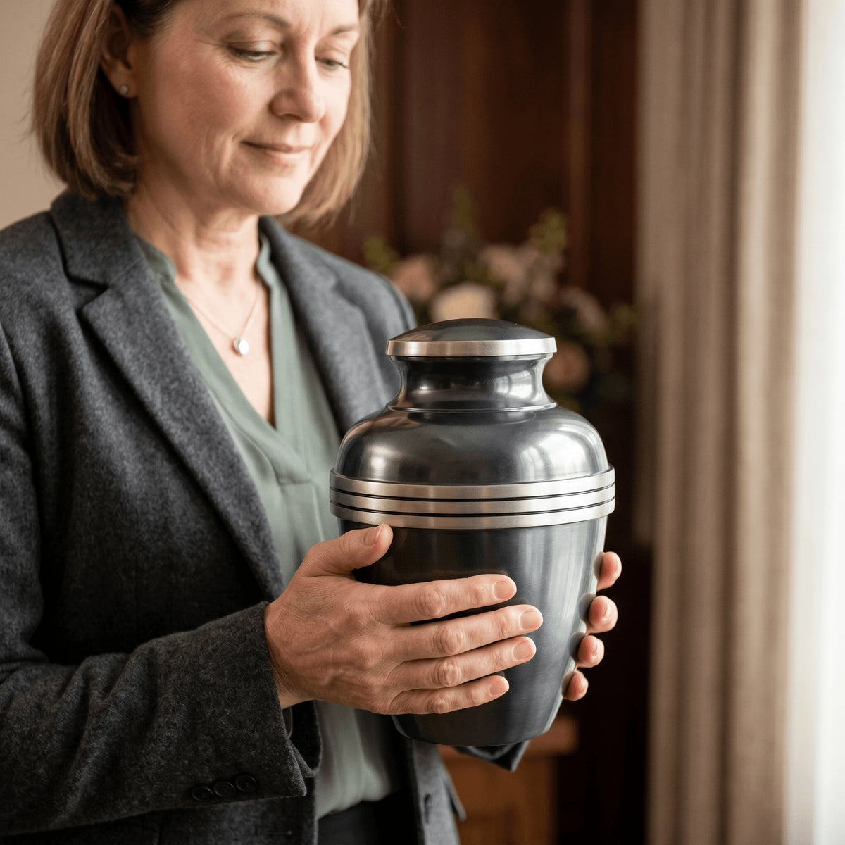 woman holding a metallic blue banded cremation urn