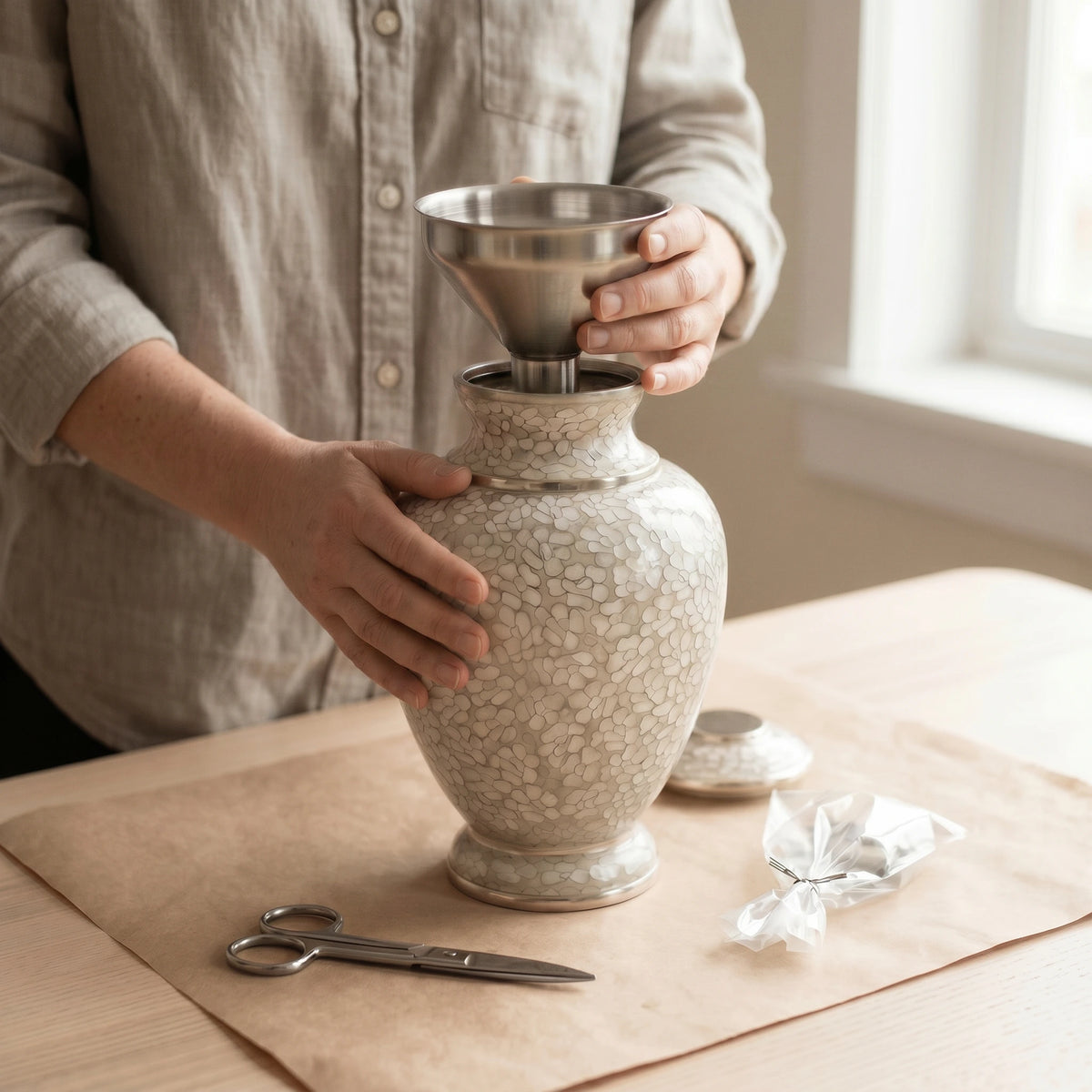 A person in a beige linen shirt holds a stainless steel funnel into the mouth of a textured metal urn with a matching lid resting nearby on a wooden table.