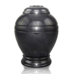 Round, natural black marble urn main image.