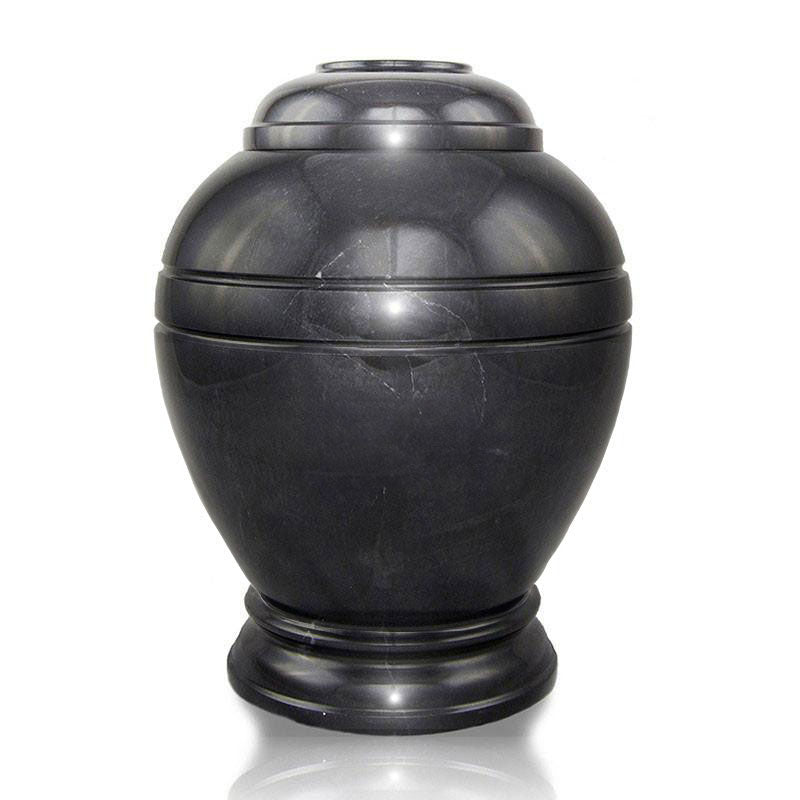 Round, natural black marble urn main image.