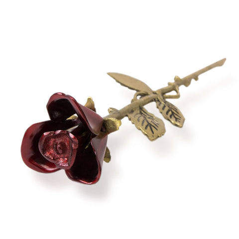 Red rose stem keepsake for ashes with bronze stem featuring intricately casted details.