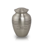 Small pewter colored cremation urn for ashes, made of brass and featuring sample engraved text.