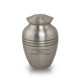 Small pewter colored cremation urn for ashes, made of brass and featuring sample engraved text.