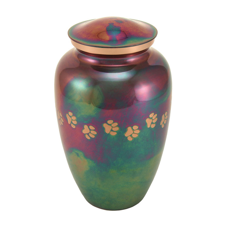 Bright purple and green raku finish cremation urn for pets with etched paw prints wrapping around the urn.