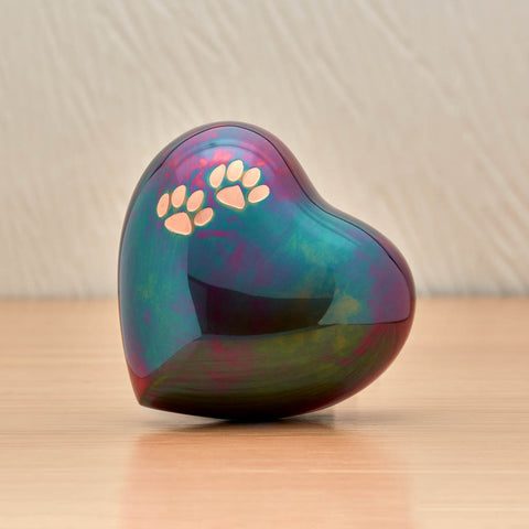 Raku heart for cremation ashes with beautiful green and purple shimmering finish and sample engraving.