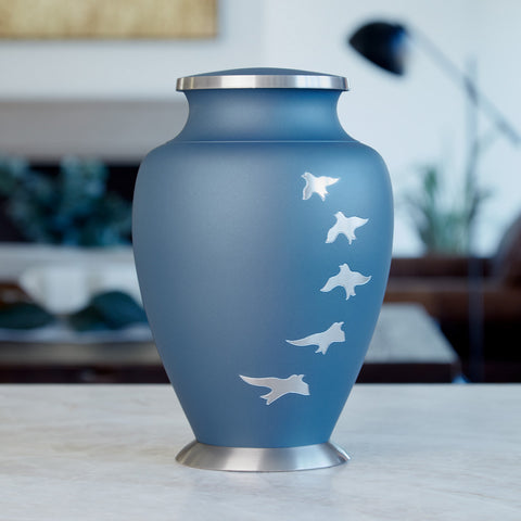 Ascending Cremation Urn Handcrafted in Bronze with Engraved Birds