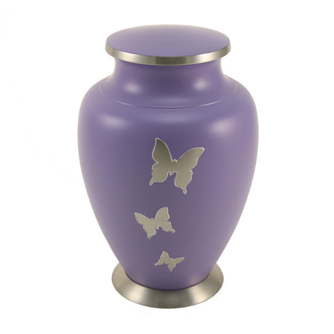 Adult purple urn with three butterflies in horizontal row up side of item, with engraved text.