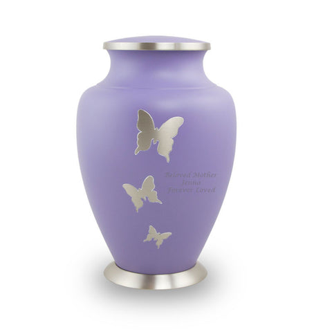 Adult purple urn with three butterflies in horizontal row up side of item, with engraved text.