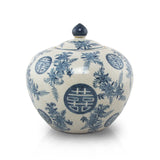 Celebration of Life Dynasty Ceramic Urn in an asian inspired blue and white floral chinoiserie pattern. 