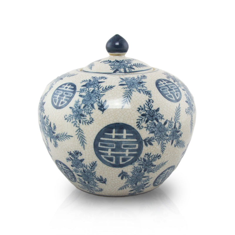 Celebration of Life Dynasty Ceramic Urn in an asian inspired blue and white floral chinoiserie pattern. 