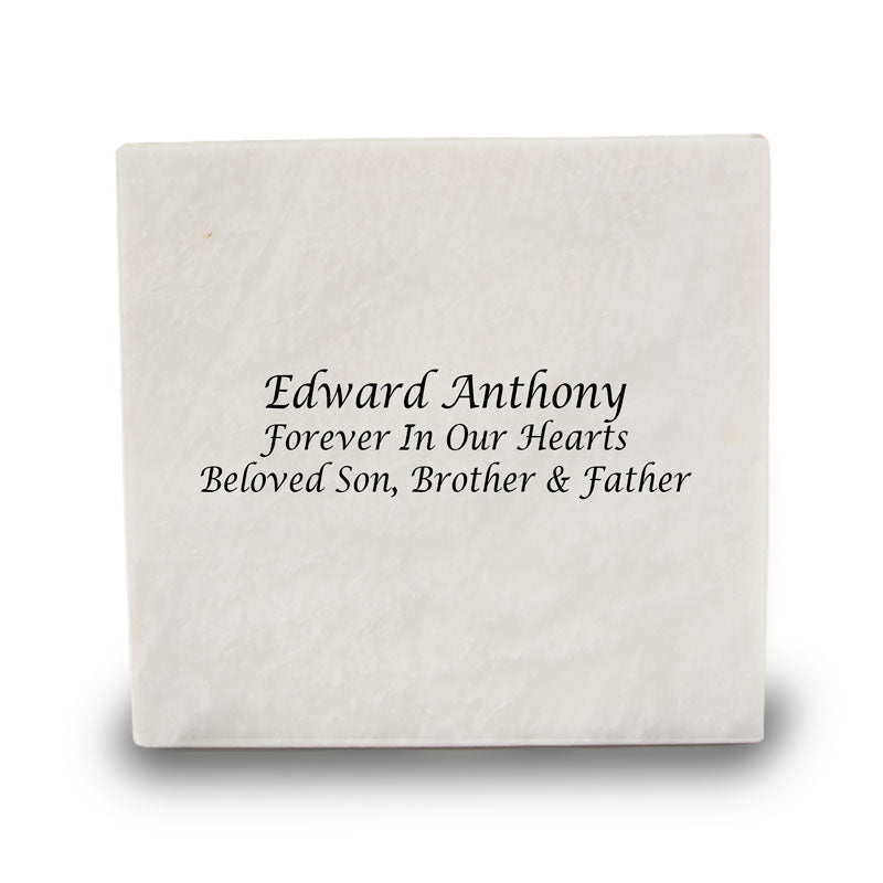 Natural white marble cremation urn with grey veining with engraving