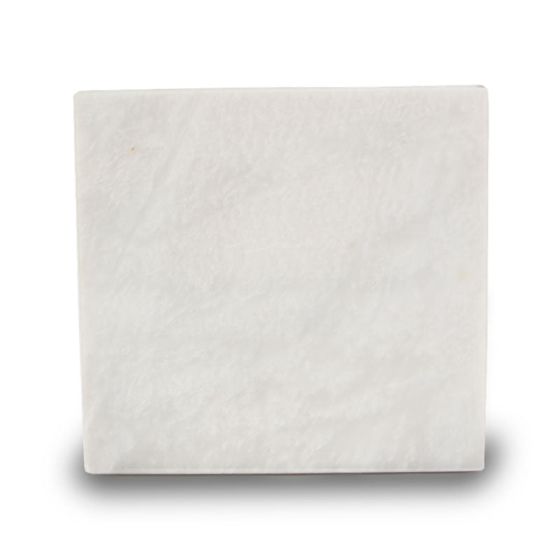Natural white marble cremation urn with grey veining front image.