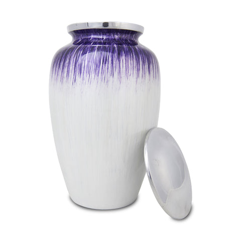 Large urn for ashes with streaked purple enamel finish fading into white, featuring optional engraved pendant.