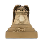 Angel of grief statue urn with bronze painted finish, showing details of the wreath and angel wings.