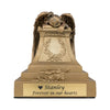 Angel of grief cremation urn with bronze paint shown with golden hued engravable plate for personalization.