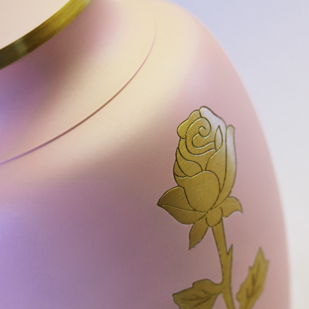 Aria Rose Metal Cremation urn detail image.