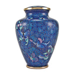 Nouveau Butterfly Cloisonne Cremation Urn featuring blue, purple, teal butterflies with gold accents and a floral background main image.