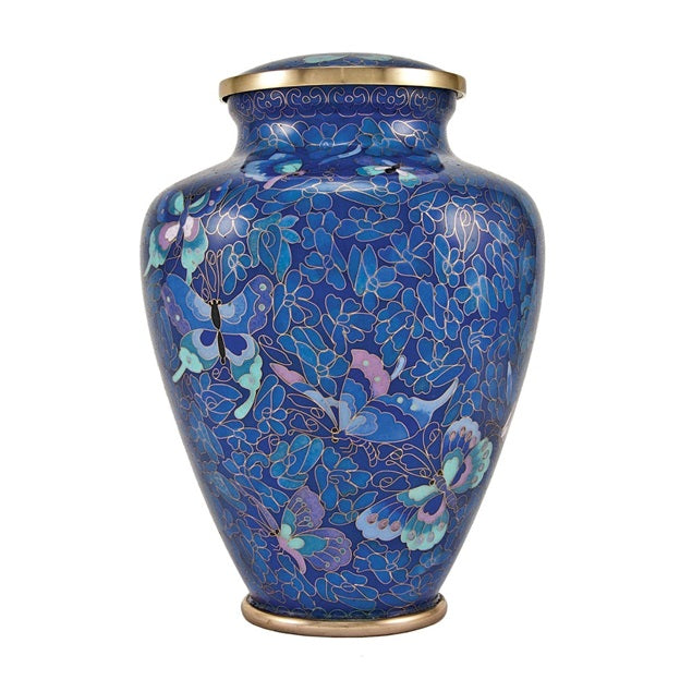 Nouveau Butterfly Cloisonne Cremation Urn featuring blue, purple, teal butterflies with gold accents and a floral background main image.