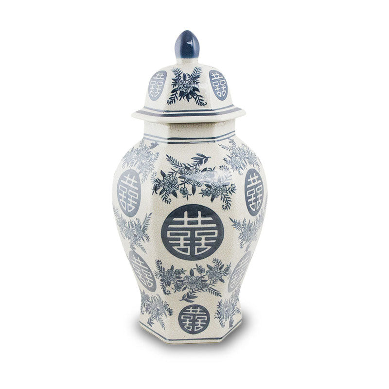 Porcelain Temple Cremation Urn - Celebration of Life in a cream white and blue asian inspired design. 