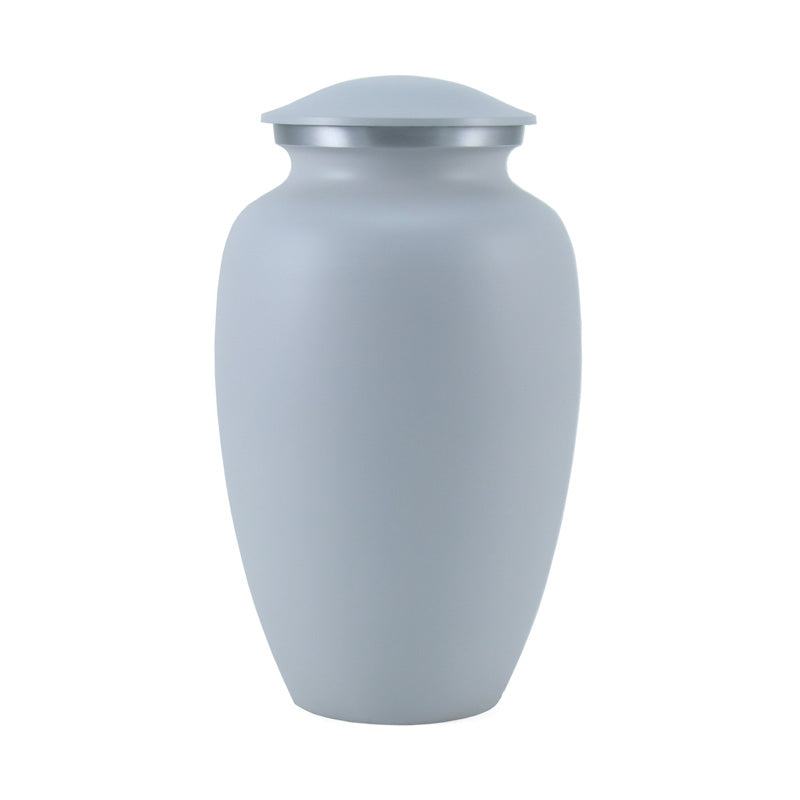 Elegant greyish white cremation urn for up to two hundred cubic inches of ash with a silver colored trim around the neck.