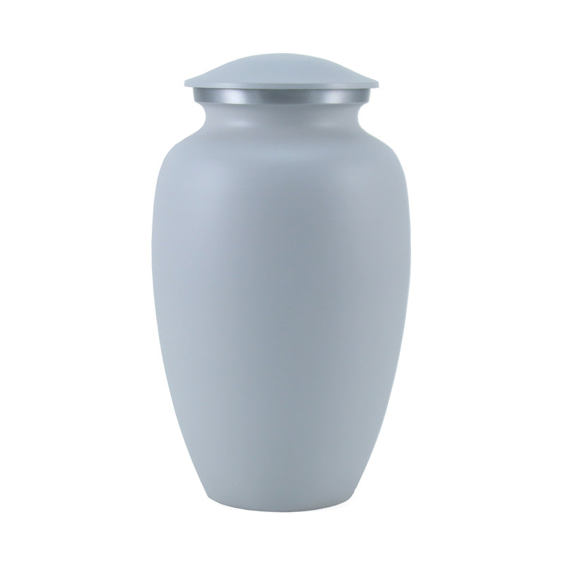 Elegant greyish white cremation urn for up to two hundred cubic inches of ash with a silver colored trim around the neck.