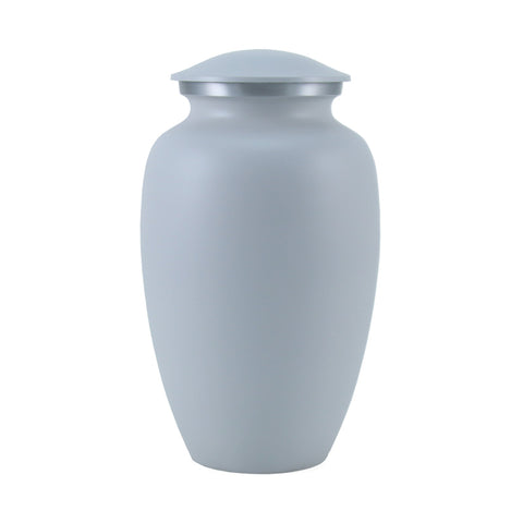 Elegant greyish white cremation urn for up to two hundred cubic inches of ash with a silver colored trim around the neck.