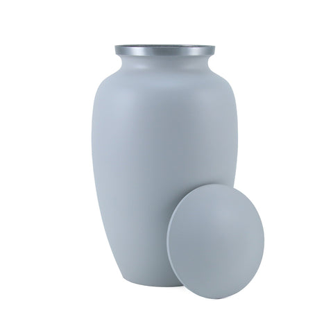 Elegant greyish white cremation urn for up to two hundred cubic inches of ash with a silver colored trim around the neck.