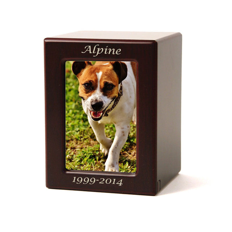 Photo box urn for pet ashes with a cherry finish over MDF, featuring engraving on the box above and below the picture.