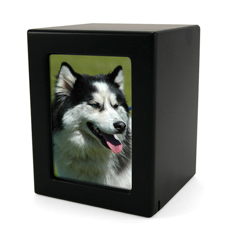 Photo box urn with satin black finish and a compartment to store ashes while keeping a photo on display.