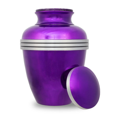 Metallic purple urn for cremation ashes with pewter trim around the lid and three pewter bands around the urn.