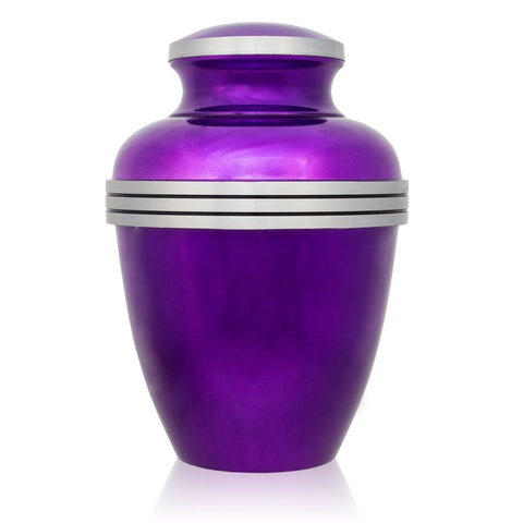 Metallic purple urn for cremation ashes with pewter trim around the lid and three pewter bands around the urn.