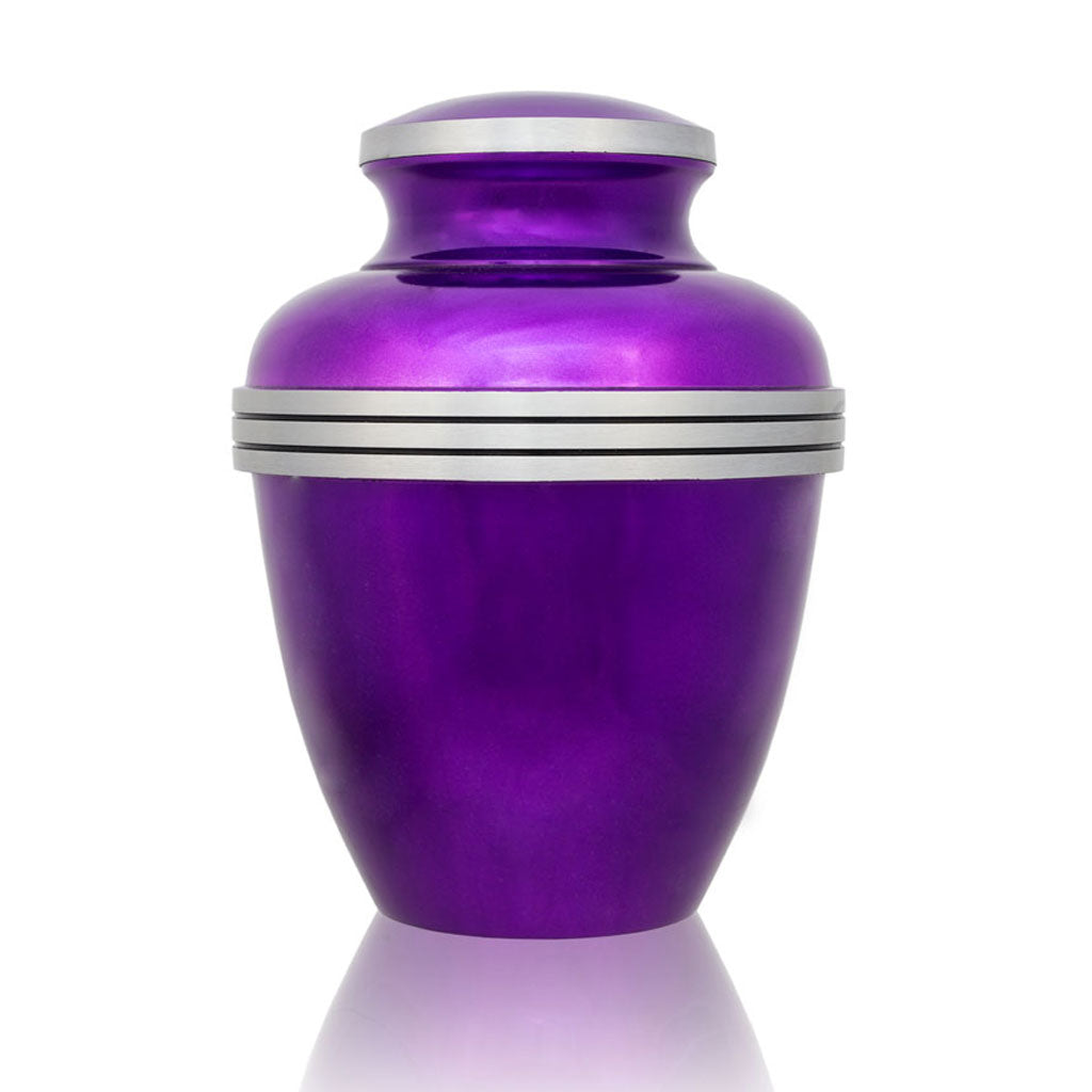 Small purple urn for ashes for up to eighty five pounds body weight with metallic purple finish and pewter trim.