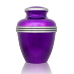 Small purple urn for ashes for up to eighty five pounds body weight with metallic purple finish and pewter trim.