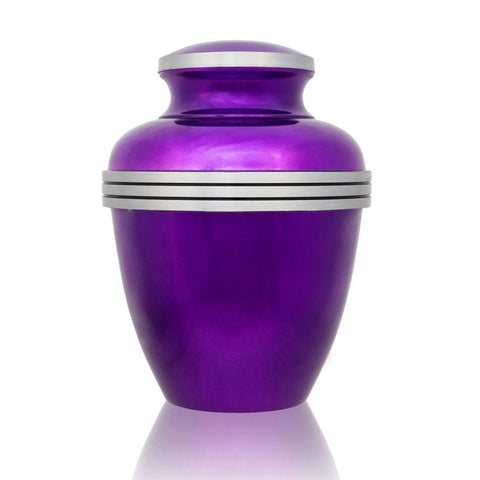 Small purple urn for ashes for up to eighty five pounds body weight with metallic purple finish and pewter trim.