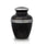 Small size black urn for ashes with pewter trim around the lid and three pewter bands around the body of the urn.