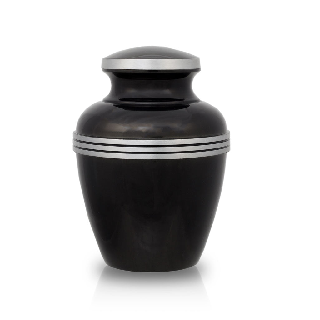 Small size black urn for ashes with pewter trim around the lid and three pewter bands around the body of the urn.