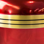 Close view of the red metallic finish and golden colored banding wrapping around the adult sized urn for ashes.