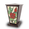 The red rose stained glass urn for ashes features stained glass on the front of the urn with painted brown resin on all other sides.