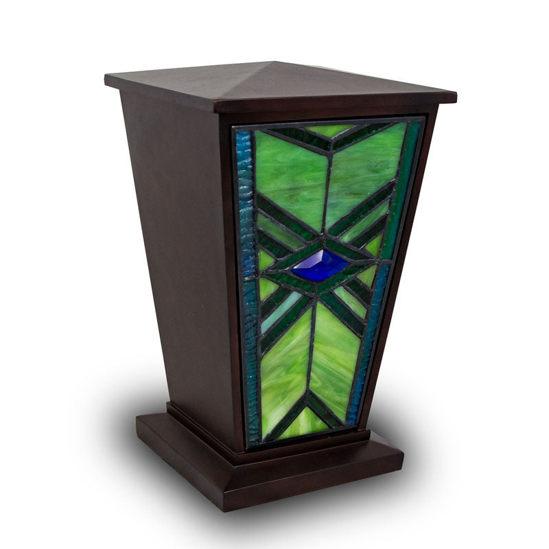 Emerald Mission Style Stained Glass Cremation Urn | Oneworld Memorials