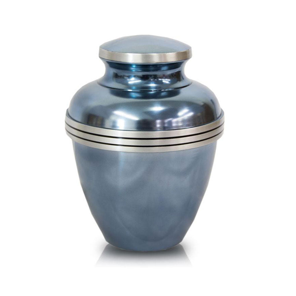 Light blue small urn with eighty-five cubic inch capacity, adorned with pewter trim and three pewter bands around the urn.