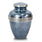 Blue adult sized urn with metallic finish and featuring silver trim on the lid and three silver bands around the urn.