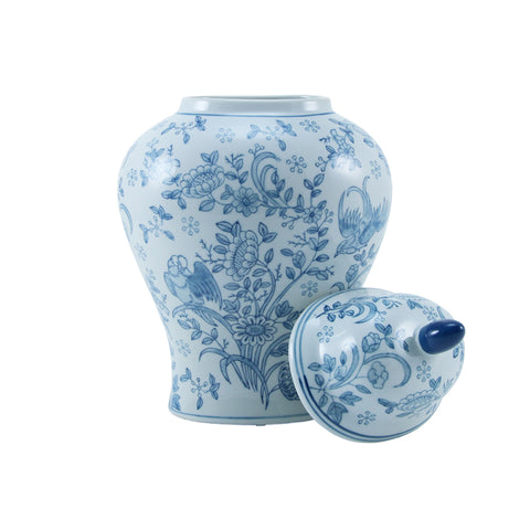 Full size adult urn for ashes with blue floral pattern featuring a blue bird on white ceramic.