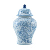 Full size adult urn for ashes with blue floral pattern featuring a blue bird on white ceramic.
