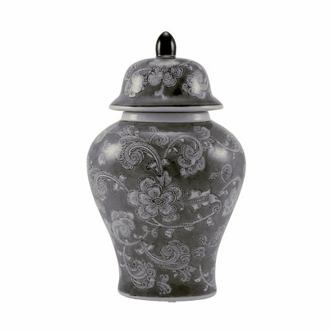 Ceramic full size urn for adults with lid featuring floral black designs over a light grey background.