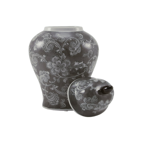 Ceramic full size urn for adults with lid featuring floral black designs over a light grey background.