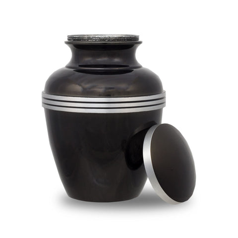 Small size black urn for ashes with pewter trim around the lid and three pewter bands around the body of the urn.