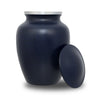 Bronze urn for ashes with dark blue two-tone painted finish, with threaded lid removed revealing compartment for ashes.